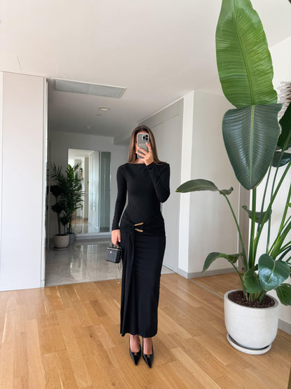 Long-Sleeve Ruched Maxi Dress With Gold Buckle Detail