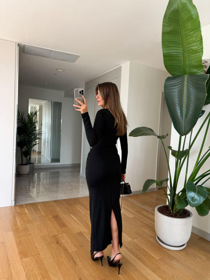 Long-Sleeve Ruched Maxi Dress With Gold Buckle Detail