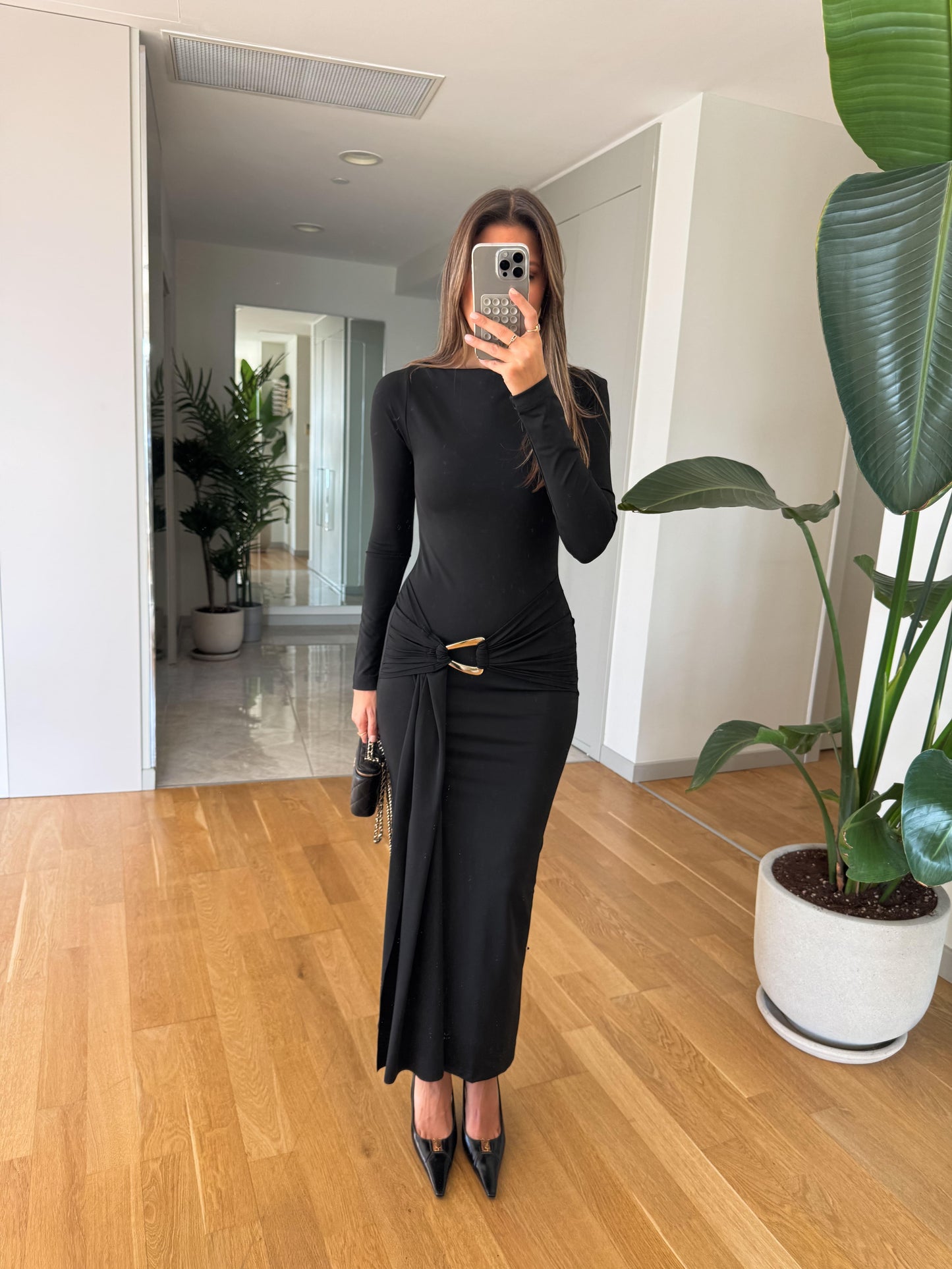 Long-Sleeve Ruched Maxi Dress With Gold Buckle Detail