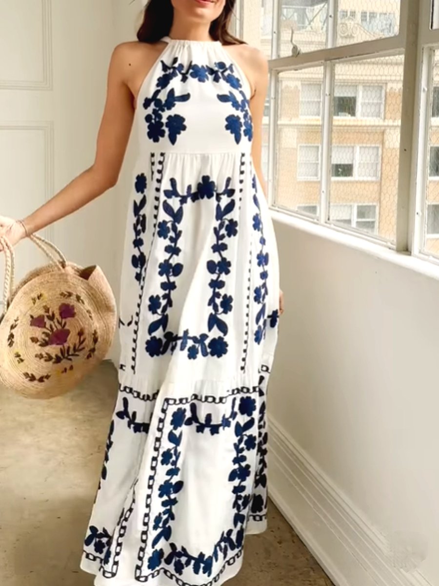 Blue Printed Sleeveless Maxi Dress - WOOLX