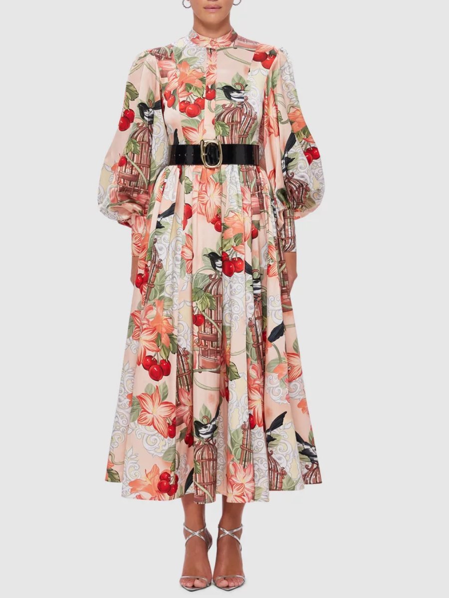 Bird Print Lantern Sleeve Dress - WOOLX