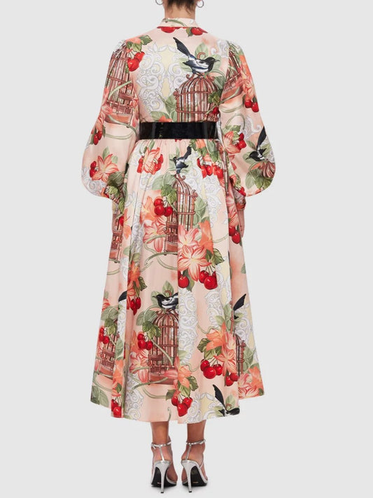 Bird Print Lantern Sleeve Dress - WOOLX