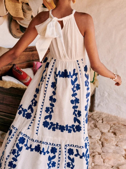 Blue Printed Sleeveless Maxi Dress - WOOLX