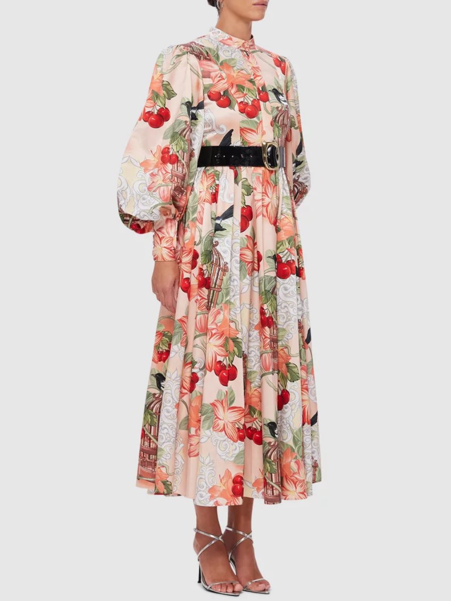 Bird Print Lantern Sleeve Dress - WOOLX