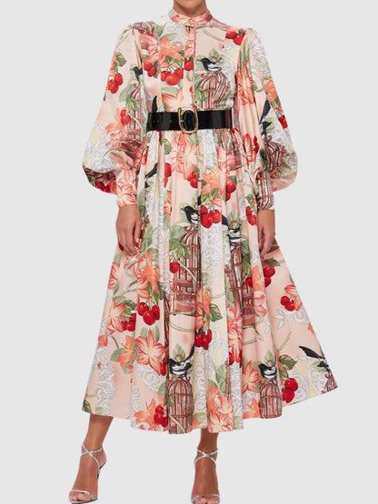 Bird Print Lantern Sleeve Dress - WOOLX