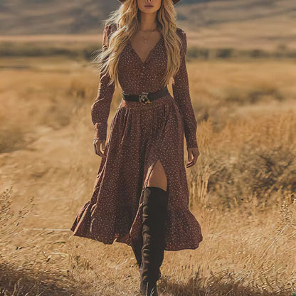 Coffee Polka Dot Long Sleeve Midi Dress