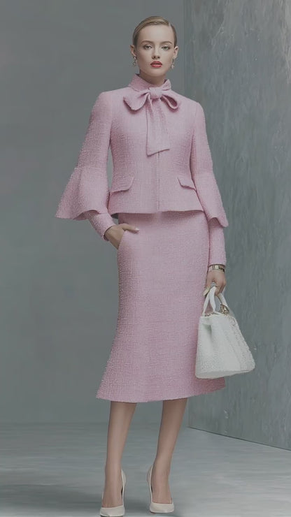 Elegant Neckline Bow Tie Trumpet Sleeve Jacket Skirt Tweed Set