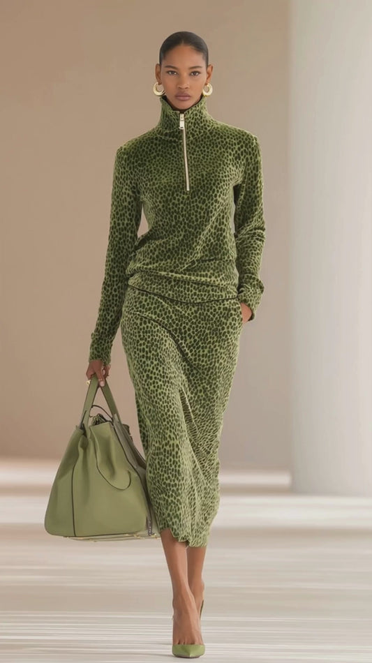 Sports Retro Leopard Print Stand Collar Velvet Top Skirt Set