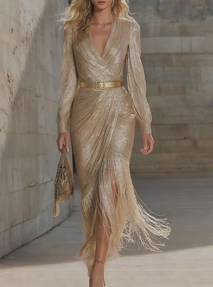 Chic And Sophisticated V-neck Tassel Champagne Shimmering Maxi Dress