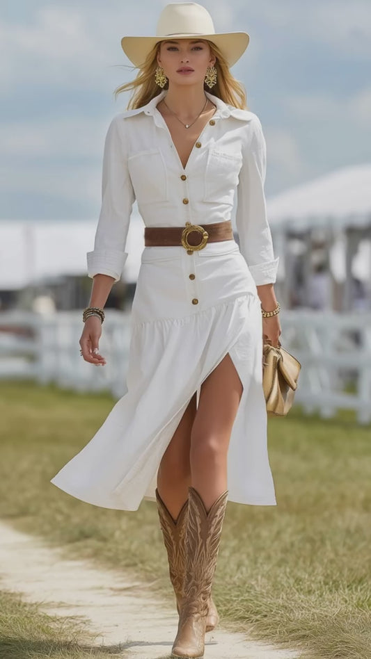 Fashion Casual Button-decorated White Slit Midi Dress