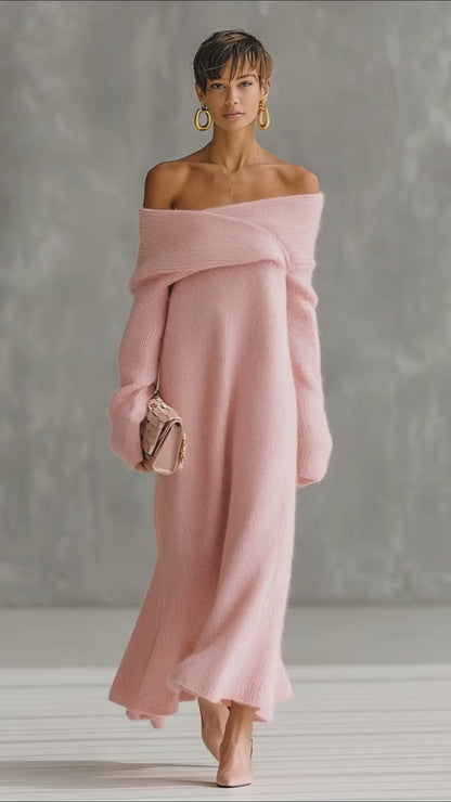 Pink Mohair One-shoulder Loose Maxi Dress