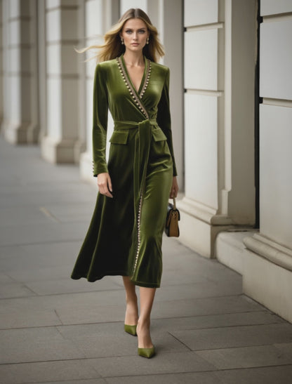 Work Velvet Dress Green V Neck Long Sleeve Midi Dress