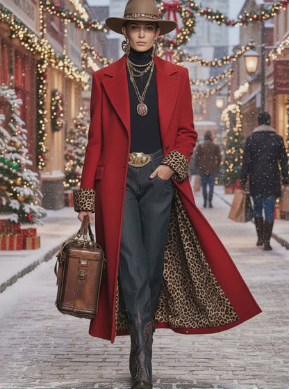 Lapel Single-breasted Leopard Print Wool Coat