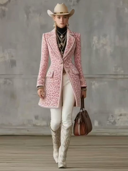 Lapel Single-breasted Pink Leopard Print Mid-length Coat
