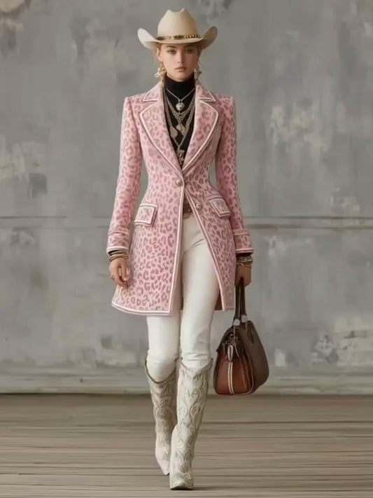 Lapel Single-breasted Pink Leopard Print Mid-length Coat