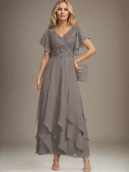 Grey Embroidered Chiffon Tiered Maxi Dress
