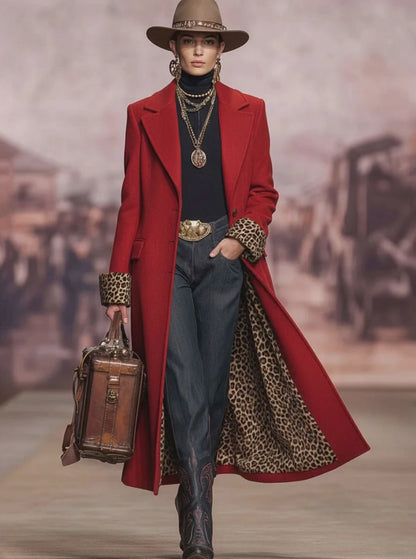 Lapel Single-breasted Leopard Print Wool Coat