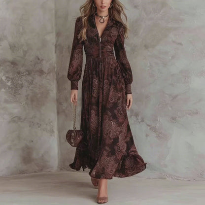 Dark Brown Paisley Print Long-Sleeve Maxi Dress