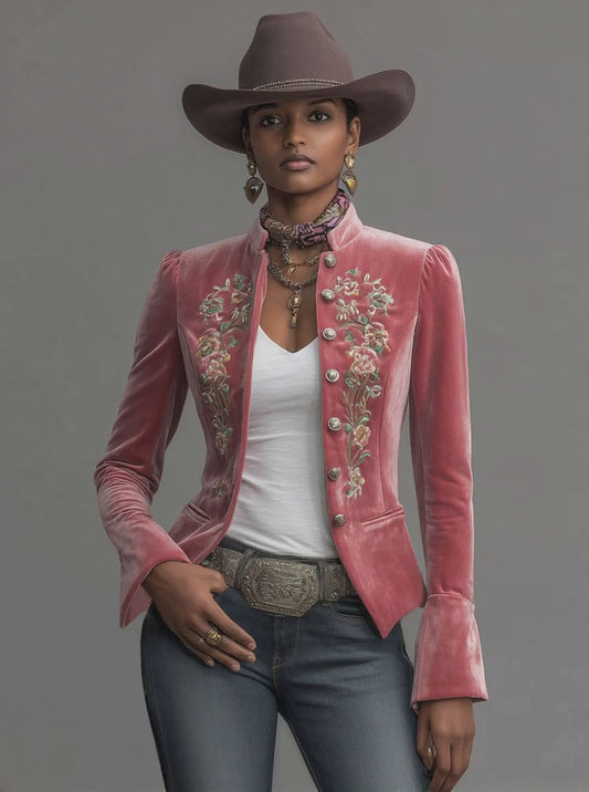 Western-style Stand-up Collar Single-breasted Floral Embroidered Velvet Jacket