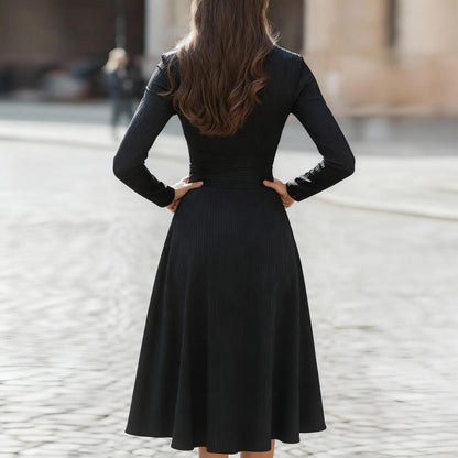Black Plain V-Neck Twist Front Trumpet Midi Dress