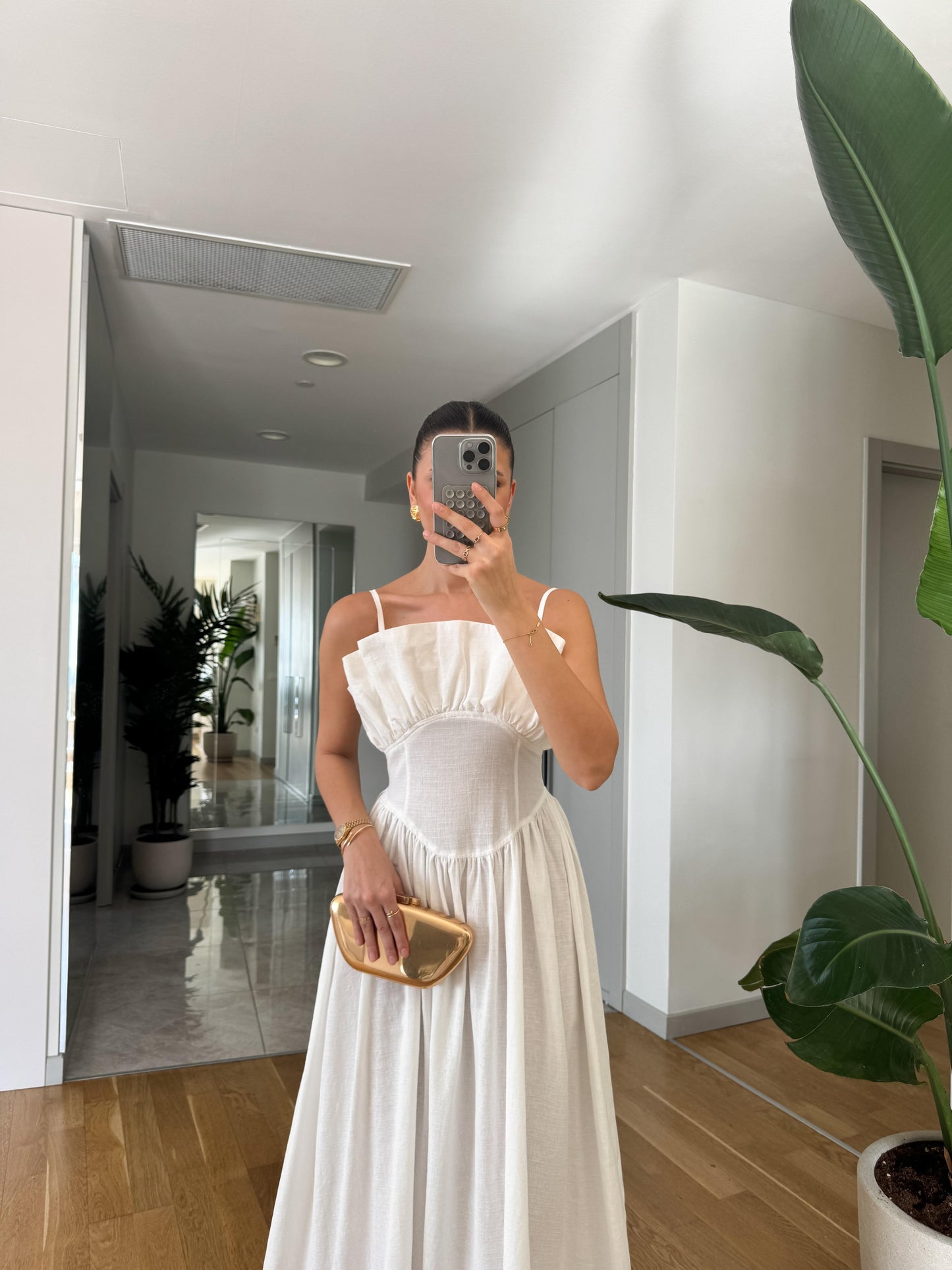 Ivory Spaghetti - Strap Ruffled Bustier Midi Dress - WOOLX