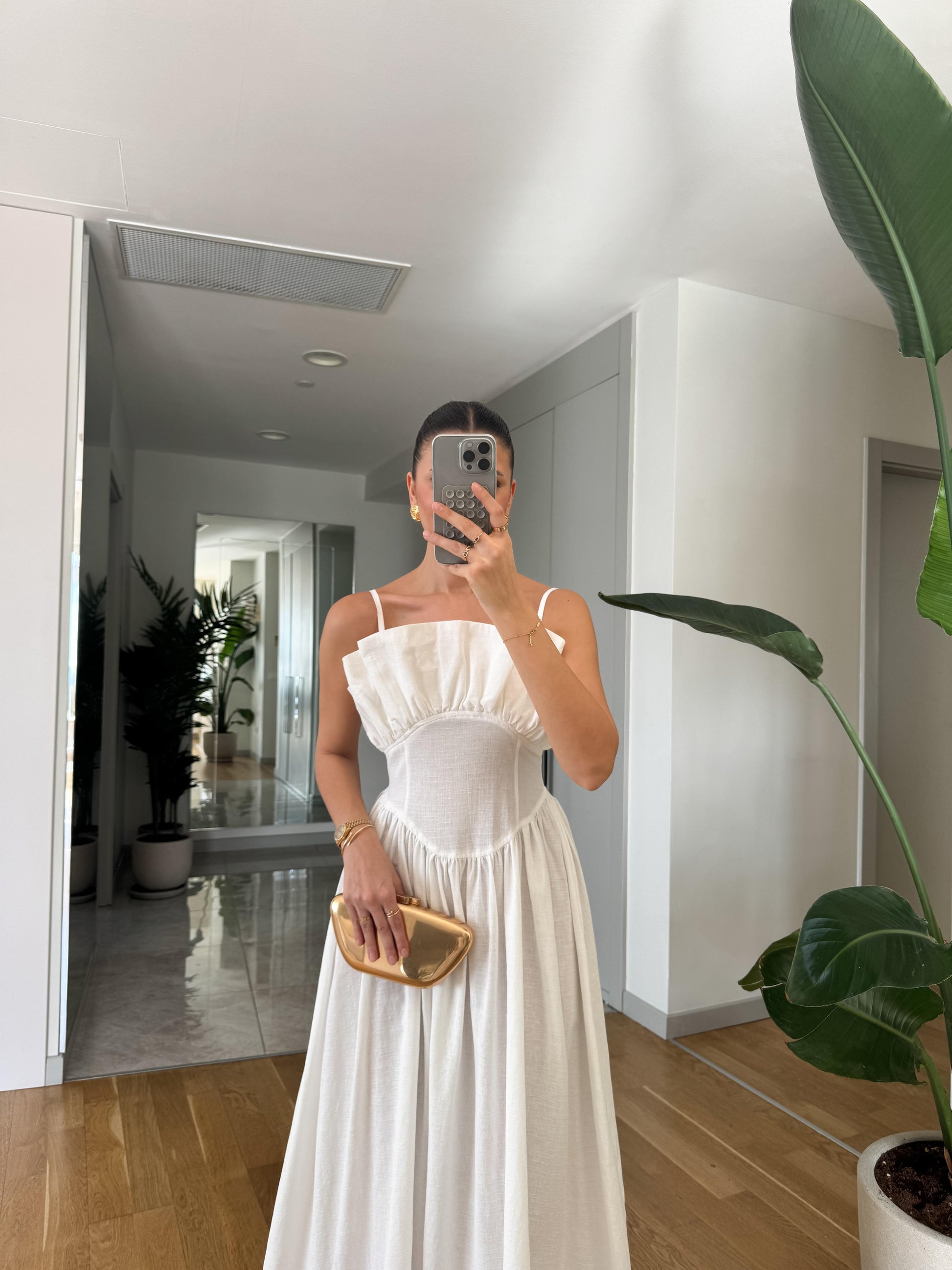 Ivory Spaghetti - Strap Ruffled Bustier Midi Dress - WOOLX