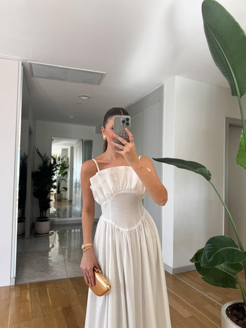 Ivory Spaghetti - Strap Ruffled Bustier Midi Dress - WOOLX