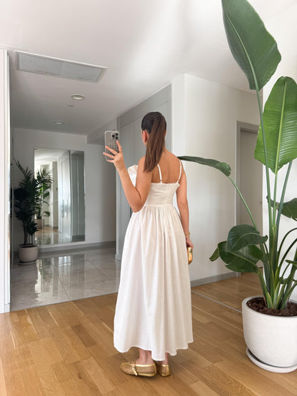 Ivory Spaghetti - Strap Ruffled Bustier Midi Dress - WOOLX